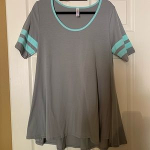 Lularoe Perfect T. Gray with Teal ribbed sleeves.